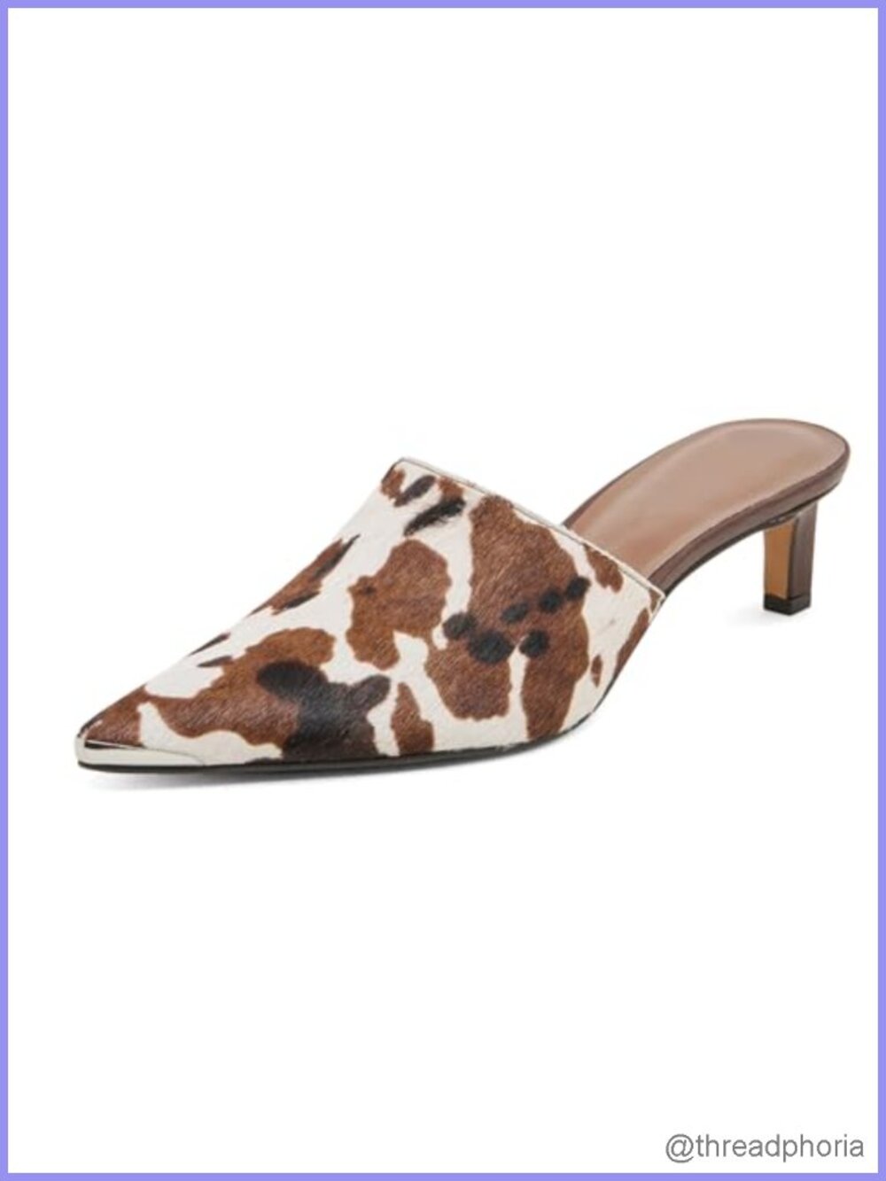 Women Cow Print Kitten Heel Mules Faux Fur Pointed Toe Slip-On Backless Pumps